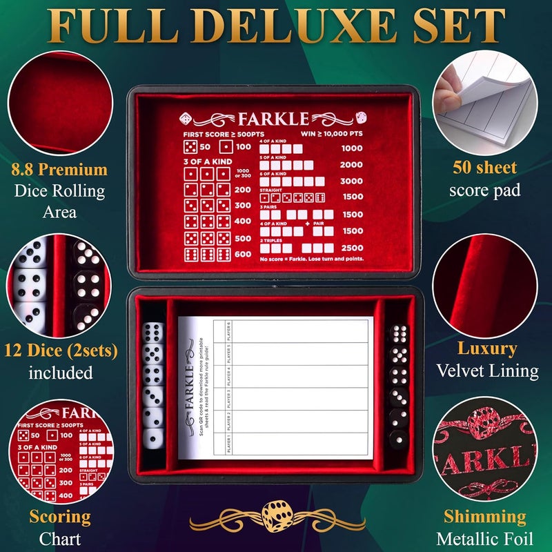 Soar Forge Deluxe Farkle Dice Tray and Storage - Elegant Faux Leather Travel Case with Score Sheets, 2 Sets of Dice, Guide & Velvet Lined Rolling Arena for Many Classic Games (Crimson Red) - Image 2